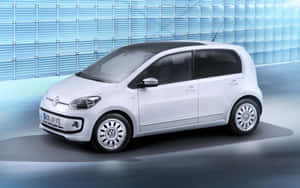 白色Volkswagen up! 汽車，黑色車頂，在藍色網格背景的攝影棚中。 — Steam Deck 壁紙