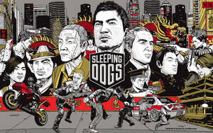 《Sleeping Dogs》遊戲海報，角色在香港街頭戰鬥場景中。 — 狗狗藝術 壁紙