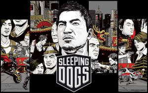 《Sleeping Dogs》遊戲海報，以漫畫風格角色呈現於城市環境中。 — 狗狗藝術 壁紙