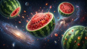 西瓜漂浮並在彩色星系中爆開，種子飛舞。