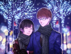 動漫情侶在冬天藍光下微笑。 — 火影忍者角色 GIF 壁紙