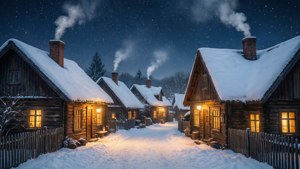 雪覆蓋的村莊小屋，夜晚星光下溫暖燈光閃爍。