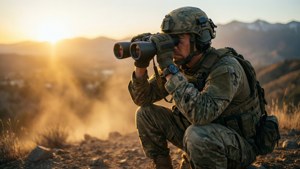 身穿迷彩服的士兵蹲著用雙筒望遠鏡俯瞰日出時的山谷。