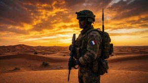 士兵在沙漠夕陽下穿著裝備手持武器