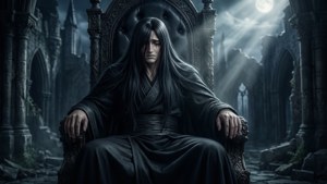 一個身穿黑袍、長著長長黑髮的人物，坐在月光下廢墟大教堂的王座上。