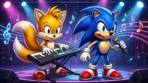 Sonic 和 Tails 在一個色彩繽紛的舞台上演奏音樂，伴有燈光和音符。