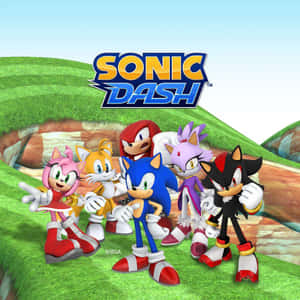 Sonic Dash 遊戲角色站在草地上，帶有標誌。 — 音速小子 壁紙