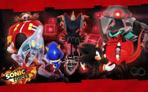 Sonic Forces 遊戲角色以動作姿勢呈現，帶有火紅和發光的數位效果。 — 索尼克 壁紙