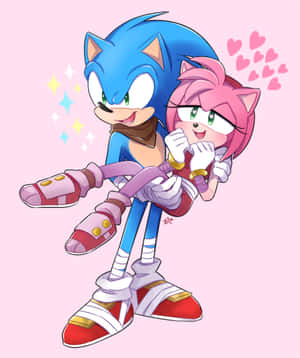 Sonic 抱住Amy Rose，周圍有漂浮的心心和閃光。 — Apple Watch Ultra 壁紙