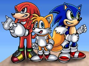 Sonic、Knuckles 和 Tails 在明亮的藍天下一起擺姿勢。 — 音速小子 壁紙