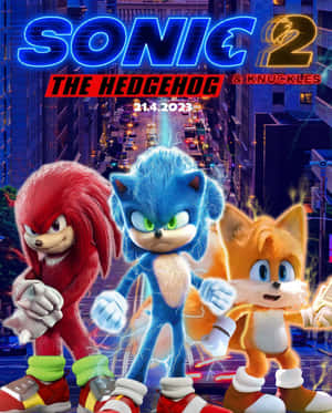 Sonic、Knuckles 和 Tails 在充滿活力的城市中，伴隨著霓虹燈和電影標題。 — Apple Watch Ultra 壁紙