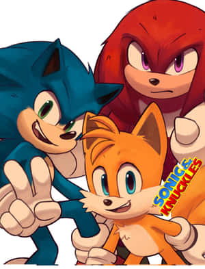 Sonic、Tails 和 Knuckles 在色彩繽紛的動漫插圖中微笑並一起擺姿勢。 — iPad Pro M4 壁紙