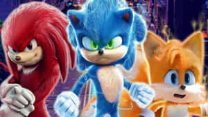 Sonic、Knuckles 和 Tails 在霓虹燈城市中，帶有閃電效果。 — 音速小子 壁紙