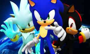 三個Sonic角色在太空中英勇擺姿勢，地球在他們身後。 — 音速小子 壁紙