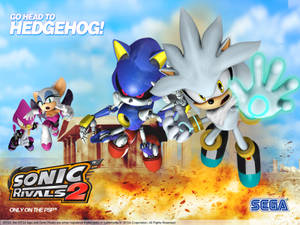 Sonic Silver 和 Rouge 穿過爆炸，背景有古老的柱子。 — 音速小子 壁紙