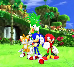 Sonic、Tails、Knuckles 和 Amy 在一個有瀑布和花朵的茂密叢林中擺姿勢。 — 電玩遊戲 GIF 壁紙