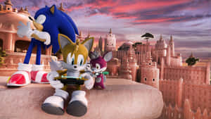 日落時分沙漠城堡中的 Sonic、Tails 和 Amy — 音速小子 壁紙