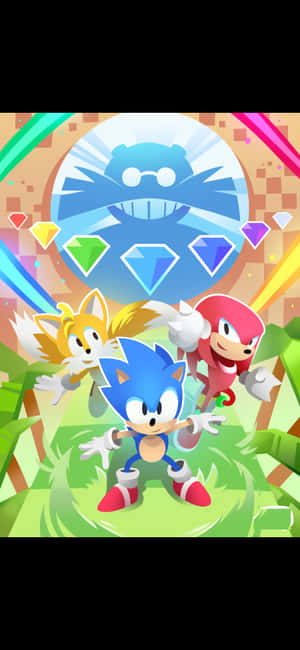 Sonic Tails 和 Knuckles 在叢林中面對發光的藍色首領和彩色寶石。 — iPhone 17 Pro 壁紙