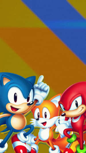 Sonic Tails 和 Knuckles 在色彩繽紛的卡通場景中微笑。 — 音速小子 壁紙