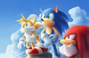 Sonic Tails 和 Knuckles 在懸崖上以藍天白雲為背景擺姿勢。 — 音速小子 壁紙