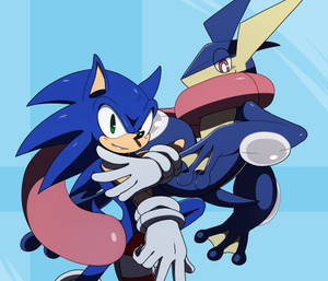 Sonic the Hedgehog 和一個藍色Pokémon友好擁抱。 — 甲賀忍蛙 壁紙