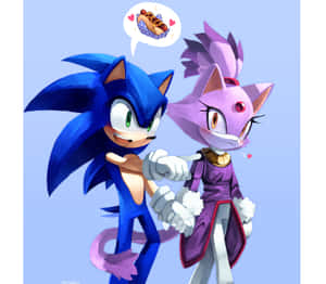 Sonic 和一隻紫色貓咪角色手牽手，帶有熱狗思想泡泡。 — 音速小子 壁紙