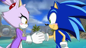Sonic the Hedgehog 在熱帶海邊場景中與一隻紫色狐狸握手。 — 音速小子 壁紙