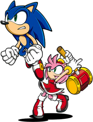 Sonic the Hedgehog 與 Amy Rose 以動作姿勢出現，Amy 手持她的錘子。 — iPad 第9代 壁紙