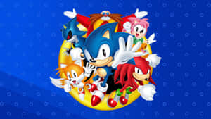 Sonic 和他的朋友們在黃色環上以愉快的群體姿勢出現。 — 音速小子 壁紙