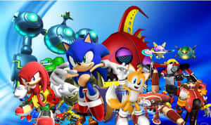 Sonic the Hedgehog 和盟友與機器人和車輛擺出動作姿勢。 — 音速小子 壁紙