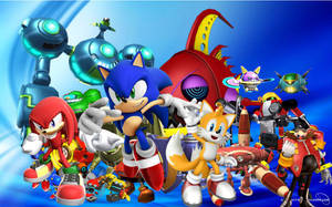 Sonic 和他的朋友們在一個充滿機器人和車輛的動態遊戲場景中。 — 音速小子 壁紙