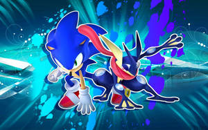 Sonic 和 Greninja 擺出動作姿勢，身後有發光的藍色和紫色能量漩渦。 — 音速小子 壁紙
