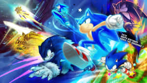 Sonic the Hedgehog 和朋友們在色彩繽紛的太空場景中疾馳，帶有能量軌跡。 — 索尼克 壁紙