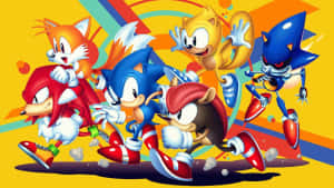 Sonic 和他的朋友們以色彩繽紛的卡通風格奔跑。 — 音速小子 壁紙