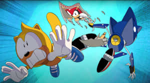 Sonic 和 Tails 在藍色速度模糊背景中追逐機械Sonic。 — 松鼠 壁紙