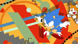 Sonic 和 Tails 在色彩繽紛的抽象形狀中奔馳。 — 音速小子 壁紙