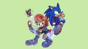 Sonic 和 Tails 奔跑，身後有一個漂浮的 Dr. Eggman 肖像。 — 音速小子 壁紙