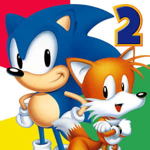 Sonic the Hedgehog 和 Tails 在色彩繽紛的電子遊戲封面藝術中一起擺姿勢。 — 超級索尼克 壁紙