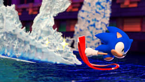 Sonic the Hedgehog 在冰冷的水中奔跑，帶有閃閃發光的效果。 — 音速小子 壁紙