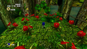 Sonic the Hedgehog 在一個有紅花和綠葉的叢林中奔跑。 — 音速小子 壁紙