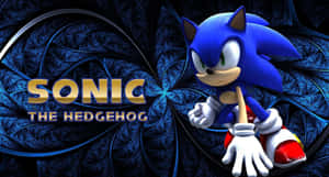 Sonic the Hedgehog 以動態姿勢呈現，搭配碎形藍色背景和金色標題。 — 音速小子 壁紙