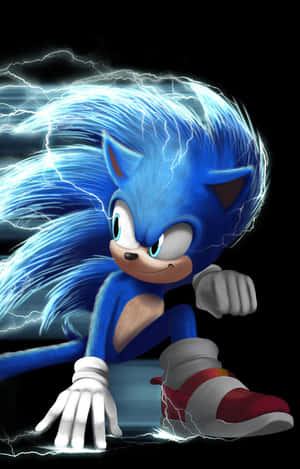 Sonic the Hedgehog 被電光藍色閃電包圍，呈現動態姿勢。 — Pixel Tablet 壁紙