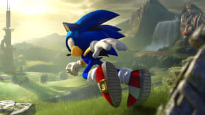 Sonic the Hedgehog 在有山脈和瀑布的風景優美戶外景觀中奔跑。 — 音速小子 壁紙