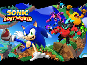 Sonic the Hedgehog 在色彩繽紛的遊戲場景中與敵人一起奔跑。 — 音速小子 壁紙