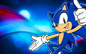 Sonic the Hedgehog 在色彩繽紛的宇宙場景中豎起拇指奔跑。 — 音速小子 壁紙