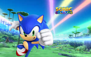 Sonic the Hedgehog 在充滿彩虹光線的色彩繽紛外星世界中奔跑。 — 音速小子 壁紙
