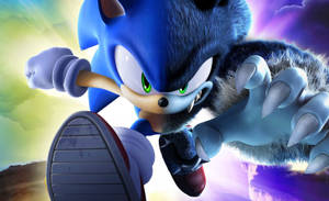 Sonic the Hedgehog 在色彩繽紛的天空下伸出爪子奔跑。 — 音速小子 壁紙