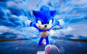 Sonic the Hedgehog 在暴風雨的天空中帶著閃電效果奔跑。 — 動畫卡通 壁紙