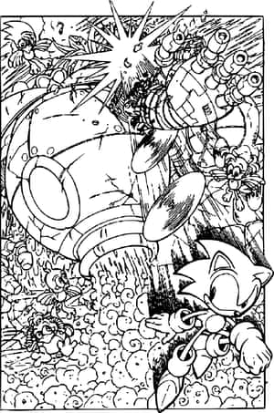Sonic the Hedgehog 跑過一個巨型機器人，背後有爆炸。 — Huawei MatePad 11.5 (2026) 壁紙