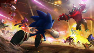 Sonic the Hedgehog 在火焰戰場上與盟友和敵人一起奔跑。